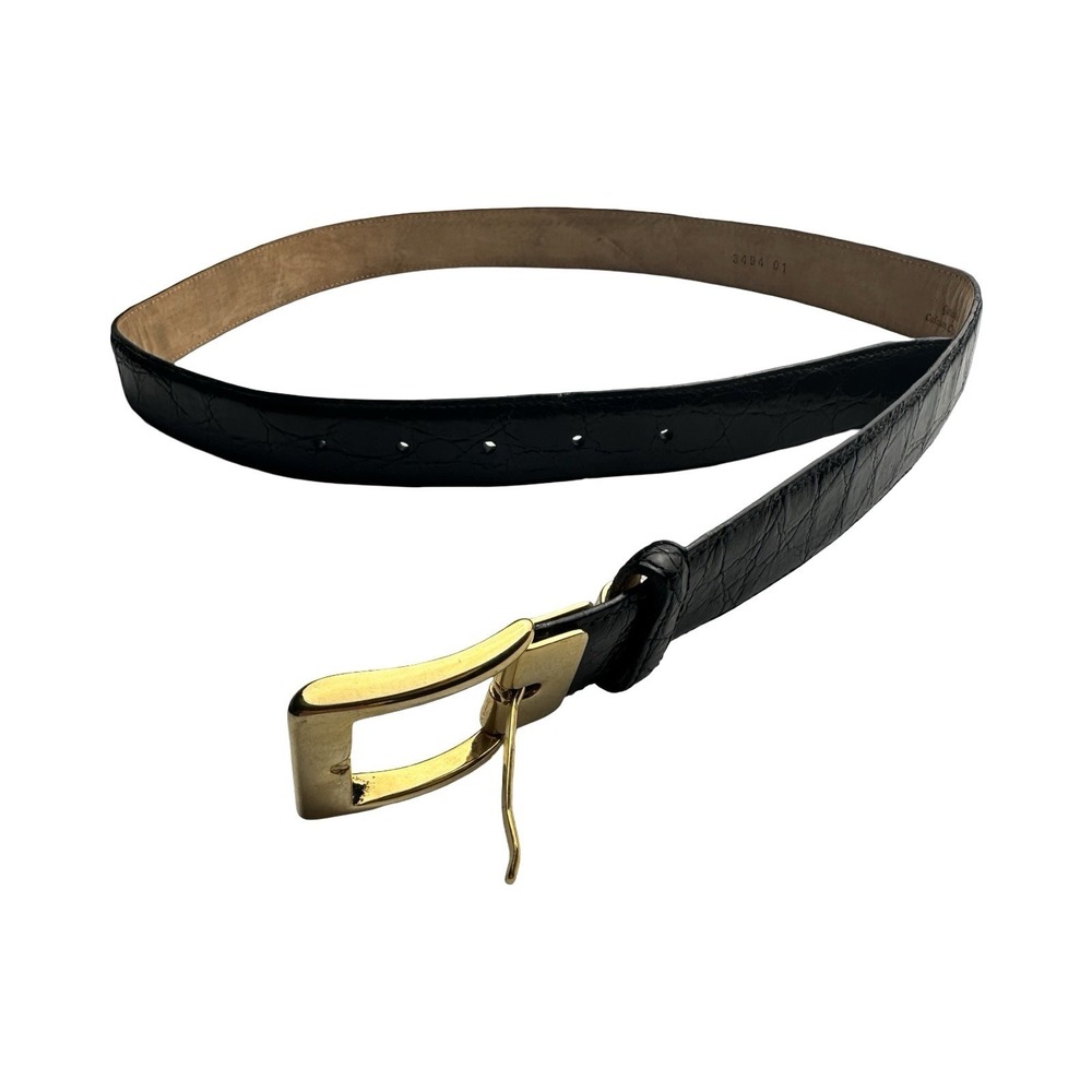 Bespoke Black Genuine Caiman Crocodile Mens Brass Buckle Belt Size 34